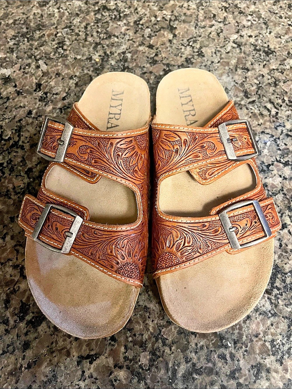 MYRA Brown Tooled Leather Double-Buckle Sandals 8 NWOT